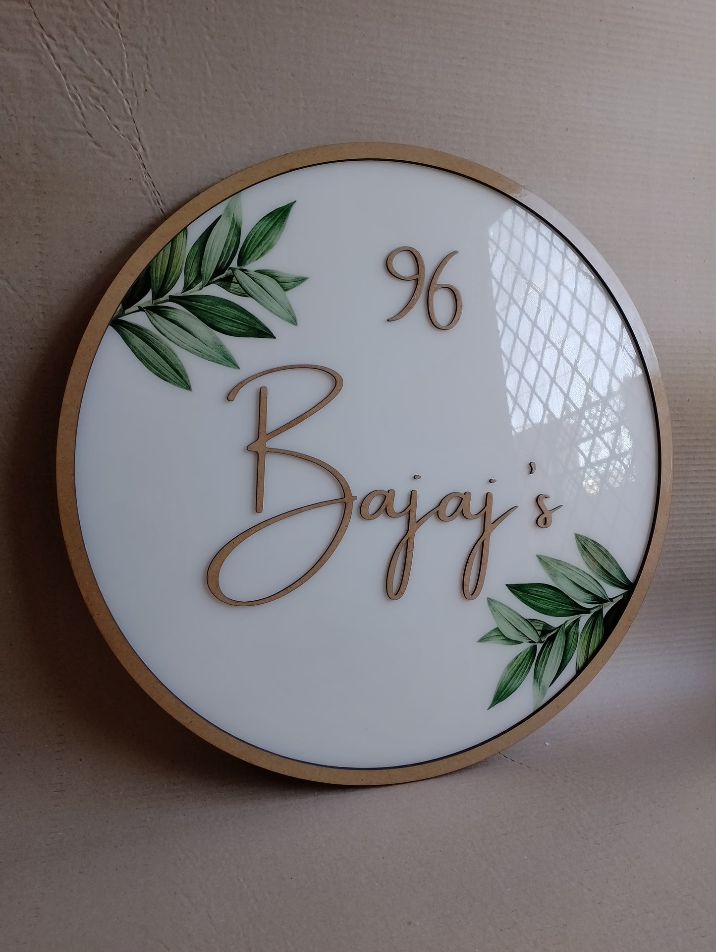 Resin Coated Round Nameplate with Wooden Fonts & Leaf Design | Custom Home Name Board
