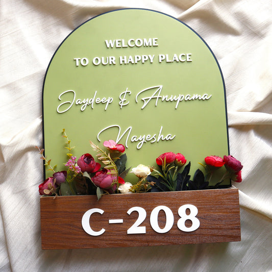 Kraftorio 3-Layer Wooden Floral Pot Nameplate | Personalized Home Name Board with Artificial Flowers | Black and Green Background