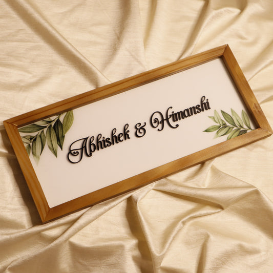 Kraftorio Resin Coated Custom Wooden Frame Nameplate | 3D Acrylic Letters on White Base | Personalized Couple Nameplate with Natural Wood Frame for Home & Door | 6x16 & 6x18 Inch