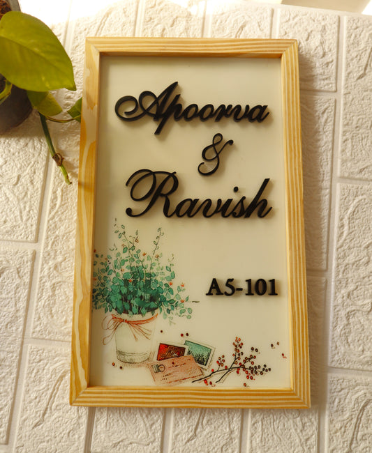 Printed Floral Resin Nameplate with 3D Black Acrylic Font & Wooden Frame | Personalized Couple Home Board | Handcrafted by Kraftorio