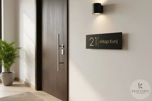 Kraftorio Custom Stainless Steel Name Plate | Powder-coated Matte Black House Number Plate | Modern Home Signage metal