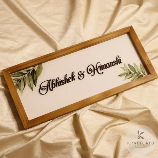 Kraftorio Resin Coated Custom Wooden Frame Nameplate | 3D Acrylic Letters on White Base | Personalized Couple Nameplate