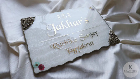 Luxury Resin Nameplate with Golden 3D Acrylic Font & Stone Corners | Custom Home Name Board with Floral Design