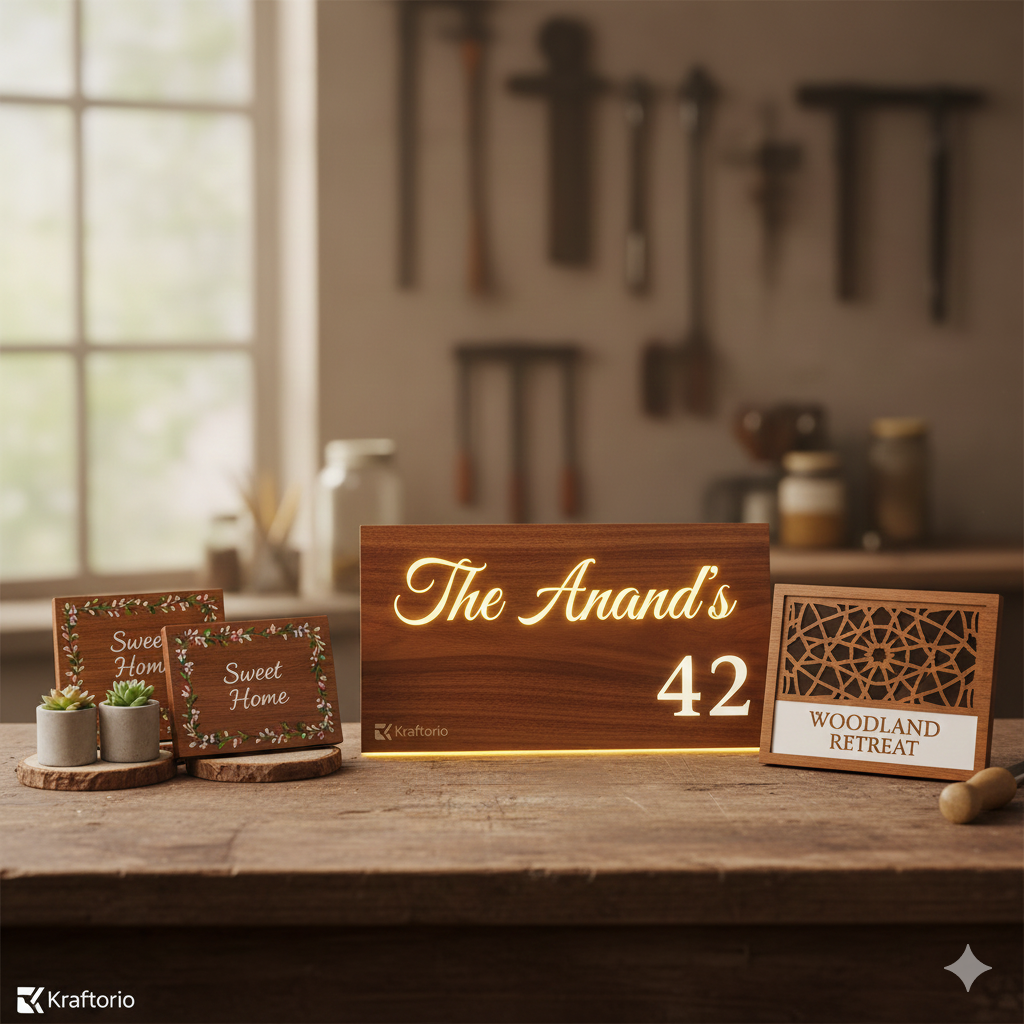 Kraftorio Custom Wooden Round Nameplate with Laser-Cut Letters for Home featuring