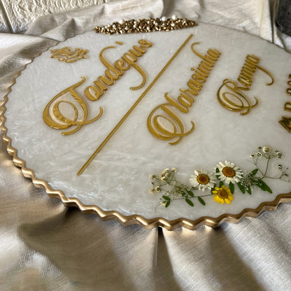 Imperial Pearl Resin Nameplate – Luxury Gold Finish with Embedded Flowers