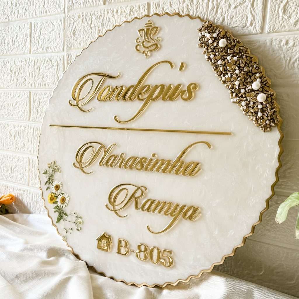 Imperial Pearl Resin Nameplate – Luxury Gold Finish with Embedded Flowers
