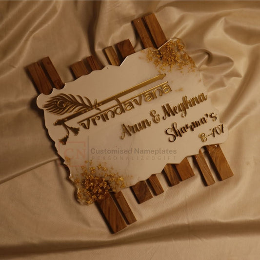 Vrindavana Wood & Resin Nameplate | 3D Gold Letters | Peacock Flute Design | Luxury Custom Home Entrance Plate