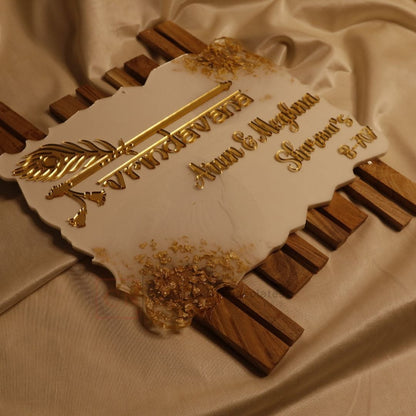 Vrindavana Wood & Resin Nameplate | 3D Gold Letters | Peacock Flute Design | Luxury Custom Home Entrance Plate
