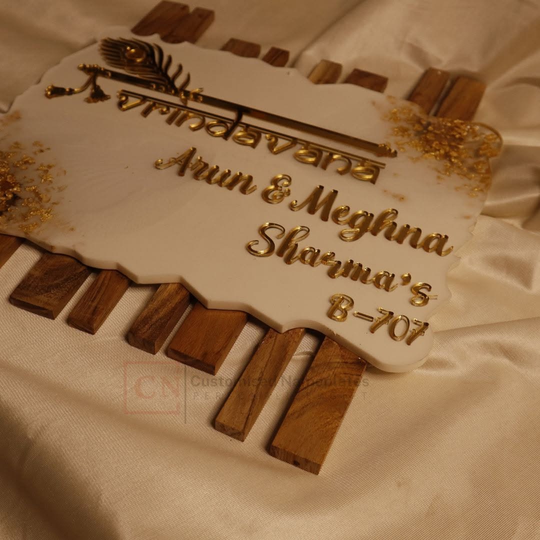 Vrindavana Wood & Resin Nameplate | 3D Gold Letters | Peacock Flute Design | Luxury Custom Home Entrance Plate