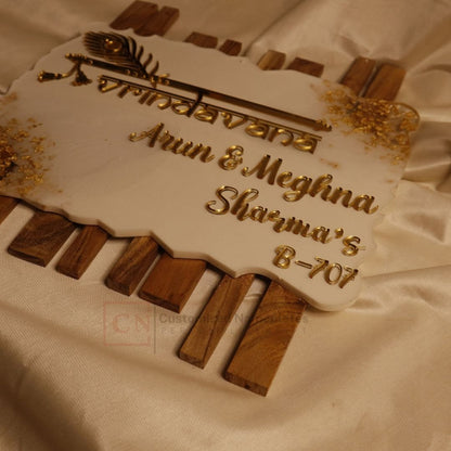 Vrindavana Wood & Resin Nameplate | 3D Gold Letters | Peacock Flute Design | Luxury Custom Home Entrance Plate