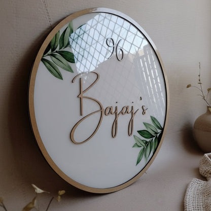 Resin Coated Round Nameplate with Wooden Fonts & Leaf Design | Custom Home Name Board