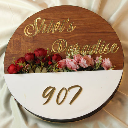 Floral Wooden & Acrylic Nameplate – Customized Home Entrance Board (With Golden Letters)