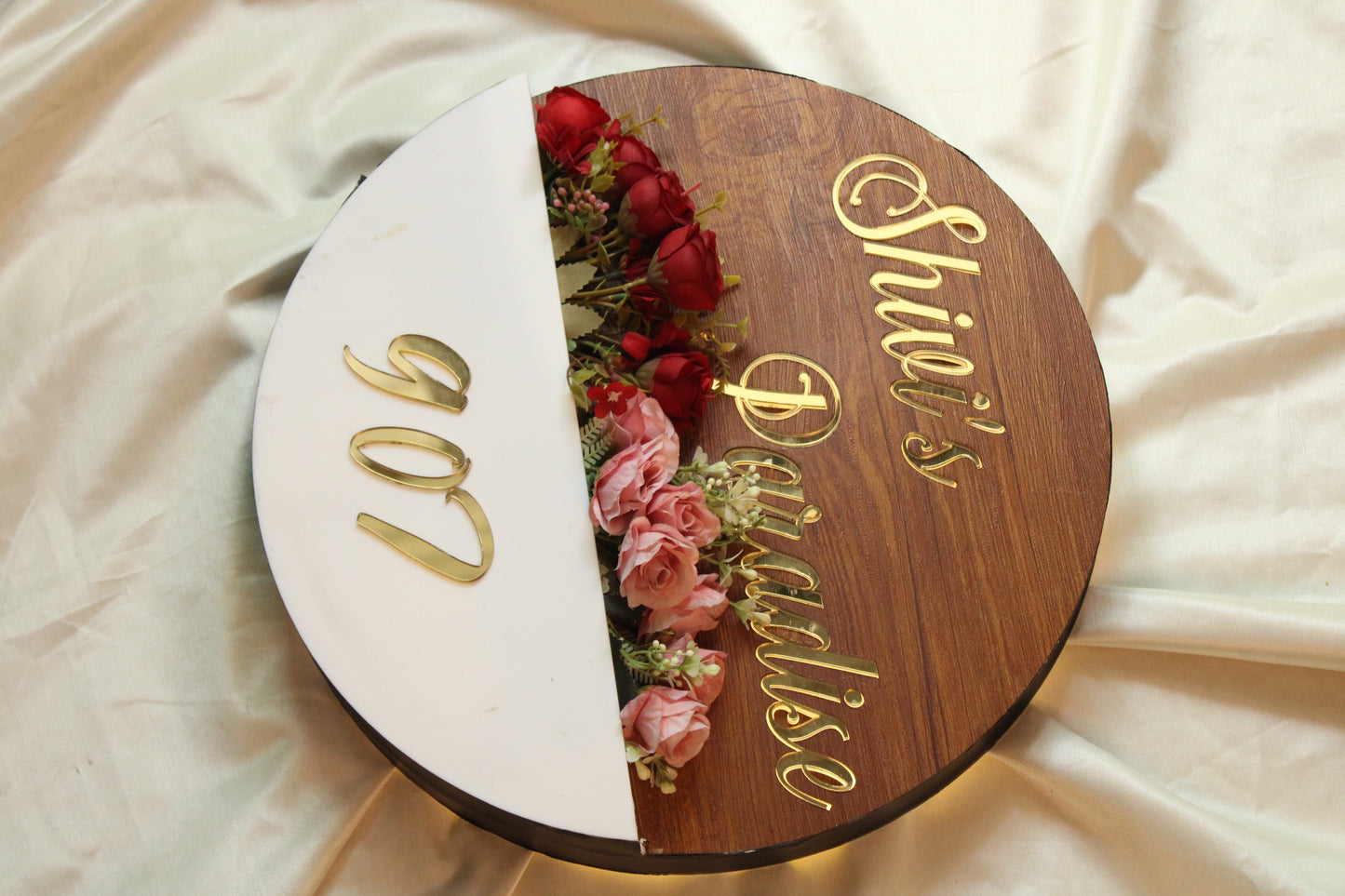 Floral Wooden & Acrylic Nameplate – Customized Home Entrance Board (With Golden Letters)