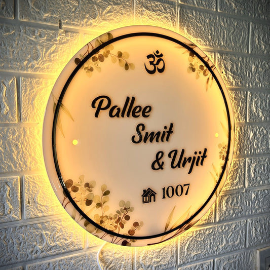 Round Warm LED Acrylic Nameplate with Resin Gloss Coating | 3D Black Letters | Floral Border Design | Custom Name & House Number Plate for Home