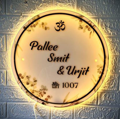Round Warm LED Acrylic Nameplate with Resin Gloss Coating | 3D Black Letters | Floral Border Design | Custom Name & House Number Plate for Home
