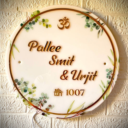 Round Warm LED Acrylic Nameplate with Resin Gloss Coating | 3D Black Letters | Floral Border Design | Custom Name & House Number Plate for Home