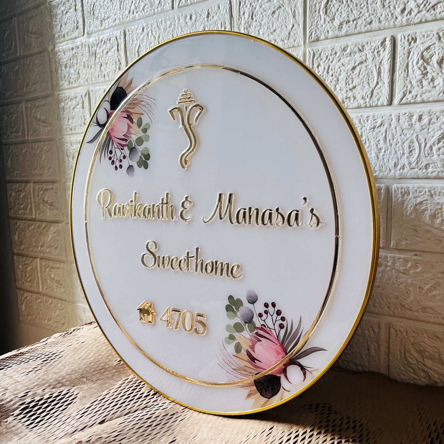 Round LED Acrylic Nameplate with Premium Glossy Resin Coating | 3D Golden Letters | Backlit Glow | Floral Design | Customized Home Name Plate