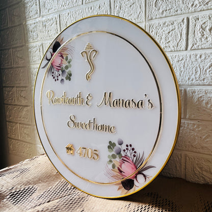 Round LED Acrylic Nameplate with Premium Glossy Resin Coating | 3D Golden Letters | Backlit Glow | Floral Design | Customized Home Name Plate