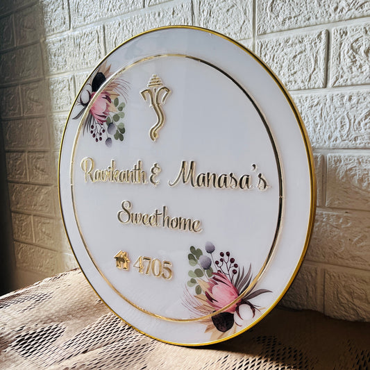 Round LED Acrylic Nameplate with Premium Glossy Resin Coating | 3D Golden Letters | Backlit Glow | Floral Design | Customized Home Name Plate