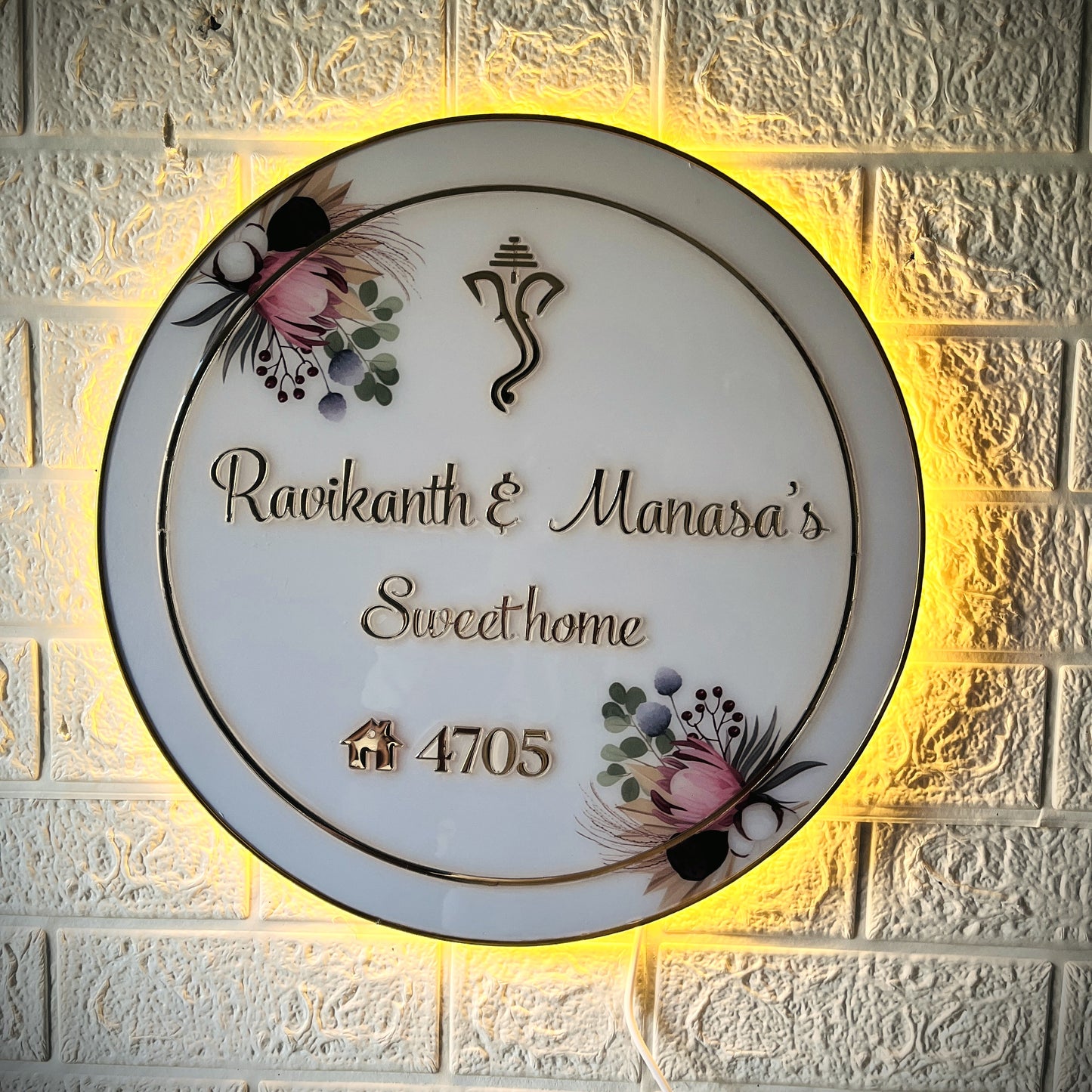 Round LED Acrylic Nameplate with Premium Glossy Resin Coating | 3D Golden Letters | Backlit Glow | Floral Design | Customized Home Name Plate