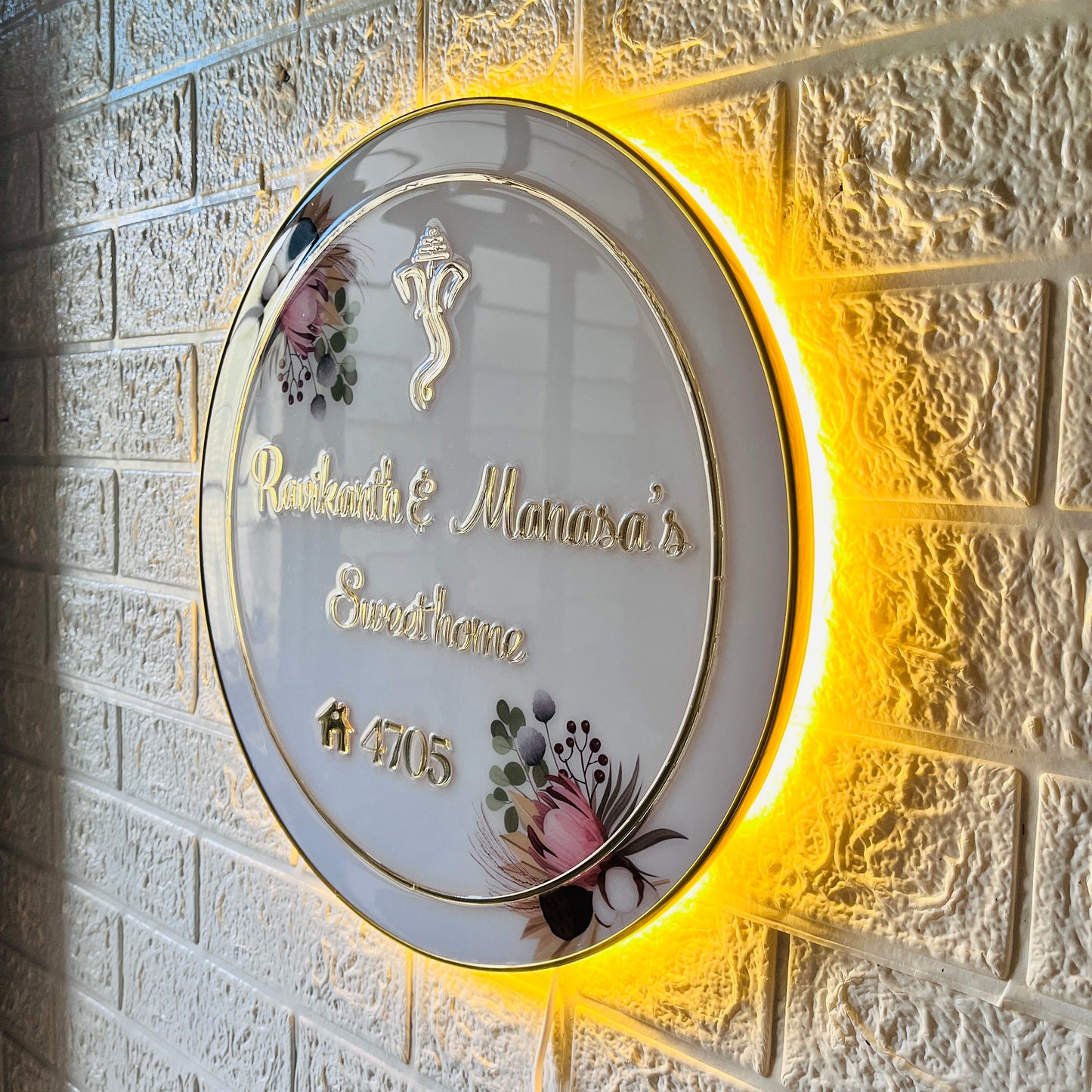 Round LED Acrylic Nameplate with Premium Glossy Resin Coating | 3D Golden Letters | Backlit Glow | Floral Design | Customized Home Name Plate