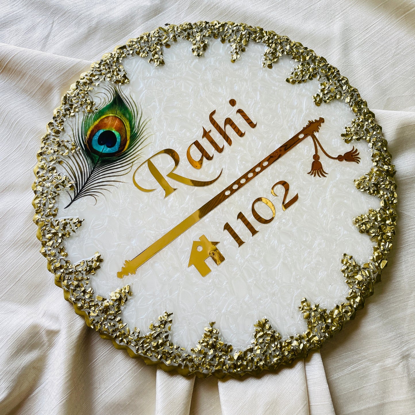 Divine Radha Krishna Theme Resin Nameplate | Exquisite White and Gold Customizable Name Plate with Peacock Feather and Flute