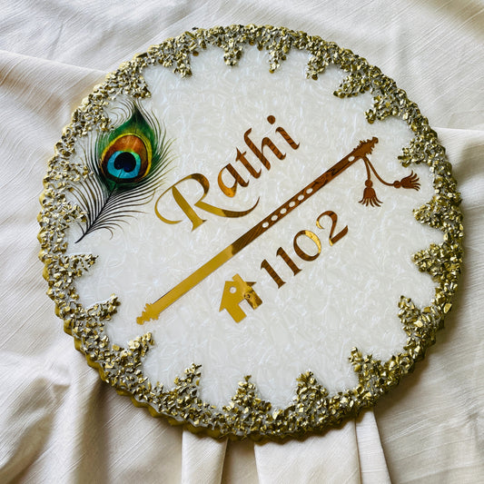 Divine Radha Krishna Theme Resin Nameplate | Exquisite White and Gold Customizable Name Plate with Peacock Feather and Flute