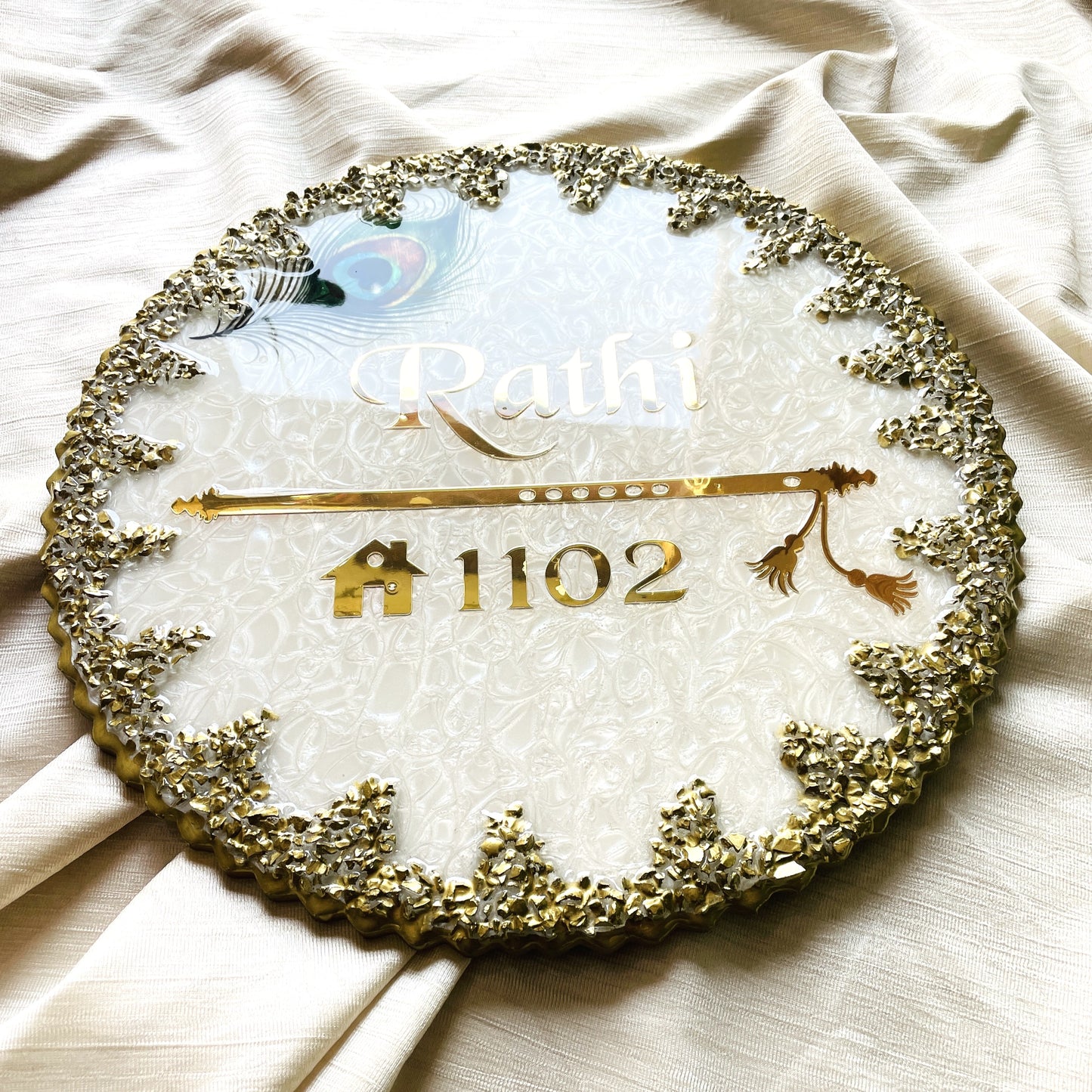 Divine Radha Krishna Theme Resin Nameplate | Exquisite White and Gold Customizable Name Plate with Peacock Feather and Flute