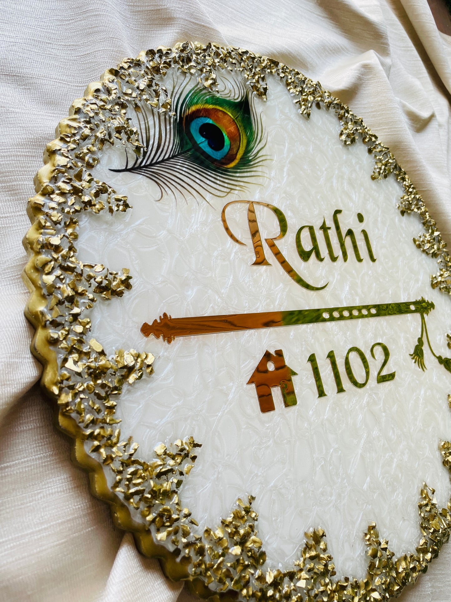 Divine Radha Krishna Theme Resin Nameplate | Exquisite White and Gold Customizable Name Plate with Peacock Feather and Flute