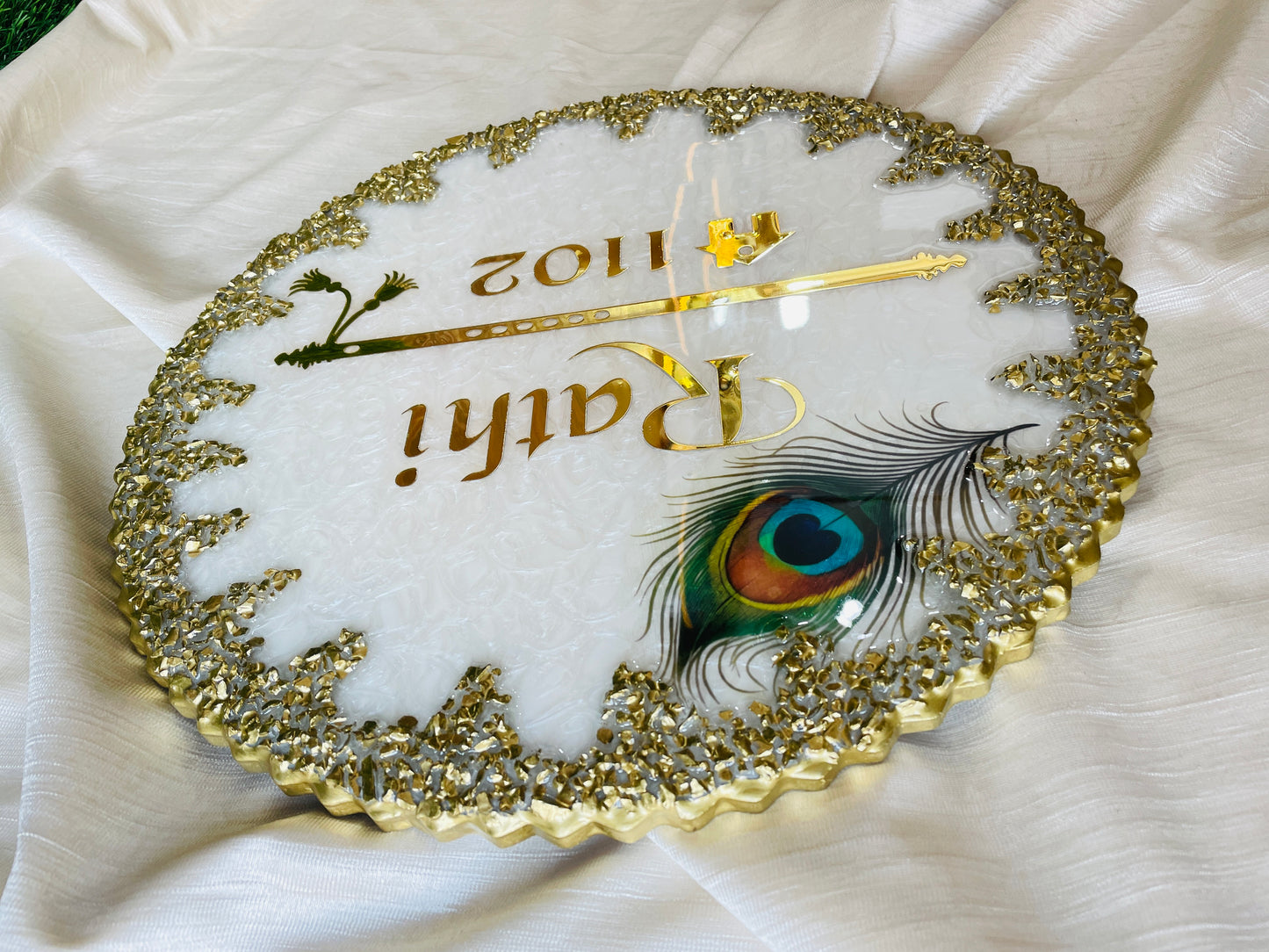 Divine Radha Krishna Theme Resin Nameplate | Exquisite White and Gold Customizable Name Plate with Peacock Feather and Flute