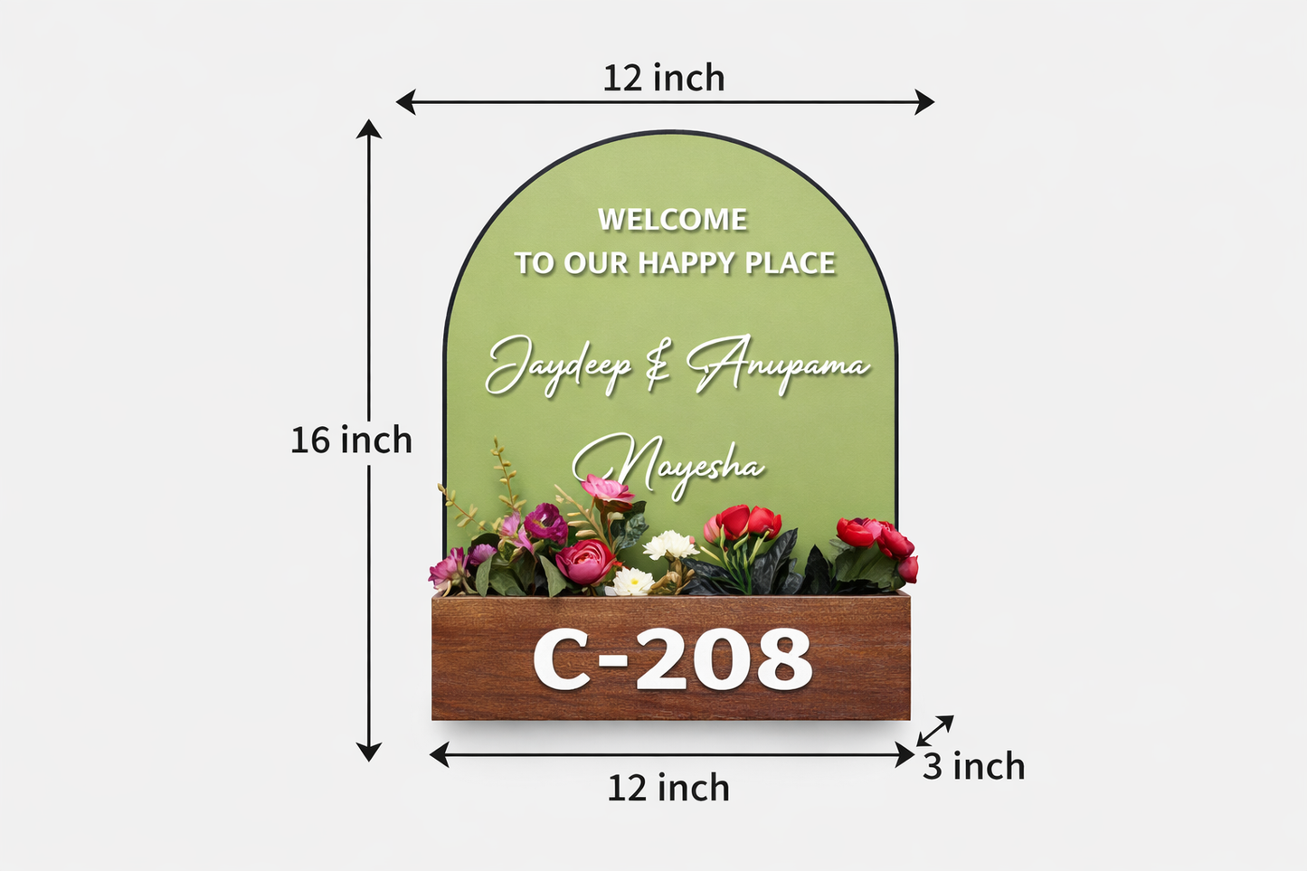 Wooden floral pot nameplate size guide 16x12 inch personalized home name board Kraftorio
