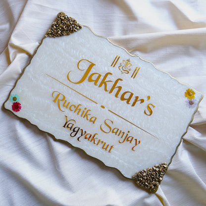 Luxury Resin Nameplate with Golden 3D Acrylic Font & Stone Corners | Custom Home Name Board with Floral Design | Elegant House Nameplate for Home Entrance