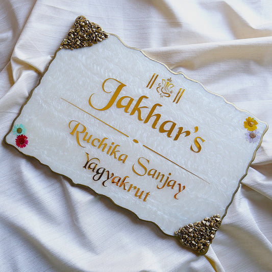 Luxury Resin Nameplate with Golden 3D Acrylic Font & Stone Corners | Custom Home Name Board with Floral Design | Elegant House Nameplate for Home Entrance