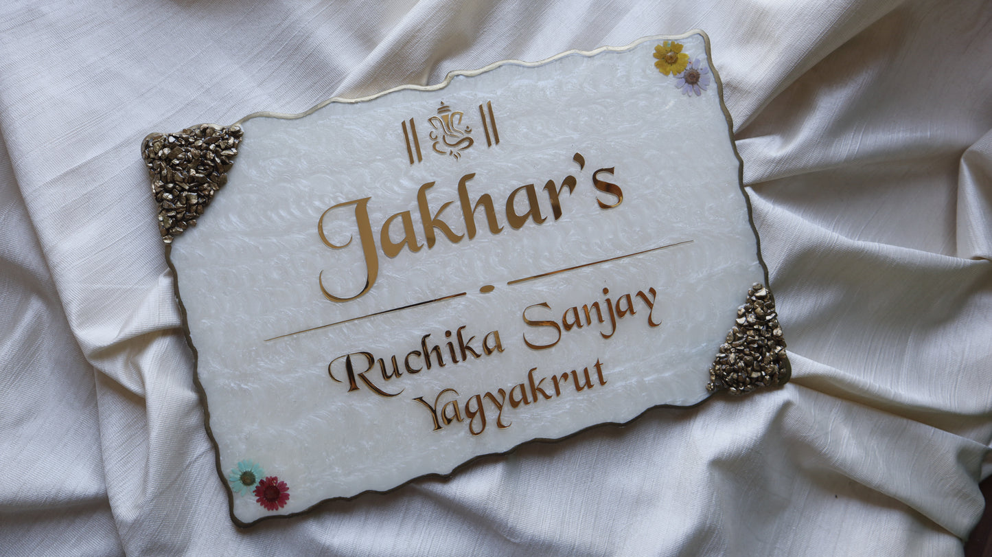Luxury Resin Nameplate with Golden 3D Acrylic Font & Stone Corners | Custom Home Name Board with Floral Design | Elegant House Nameplate for Home Entrance