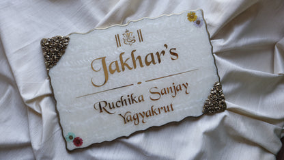 Luxury Resin Nameplate with Golden 3D Acrylic Font & Stone Corners | Custom Home Name Board with Floral Design | Elegant House Nameplate for Home Entrance