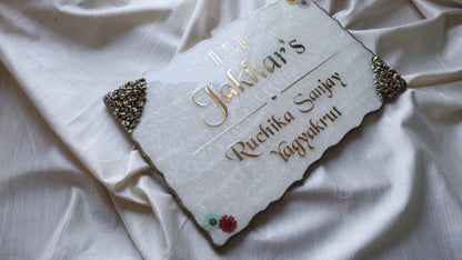 Luxury Resin Nameplate with Golden 3D Acrylic Font & Stone Corners | Custom Home Name Board with Floral Design | Elegant House Nameplate for Home Entrance