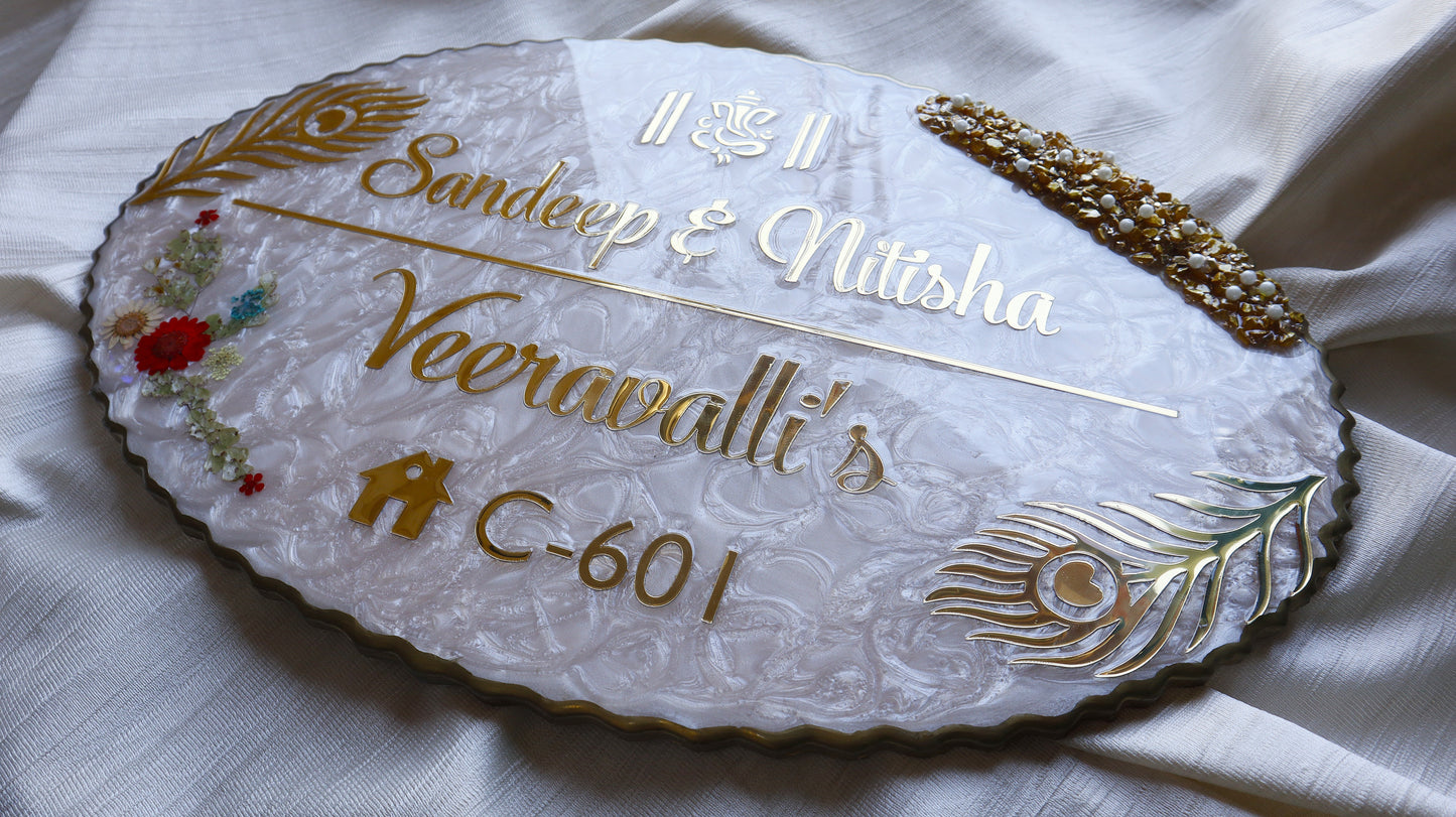 Luxury Oval Resin Nameplate with Golden Acrylic Font & Floral Design | Custom Home Name Board | Couple & Family Personalized Sign