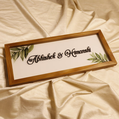 Kraftorio Resin Coated Custom Wooden Frame Nameplate | 3D Acrylic Letters on White Base | Personalized Couple Nameplate with Natural Wood Frame for Home & Door | 6x16 & 6x18 Inch