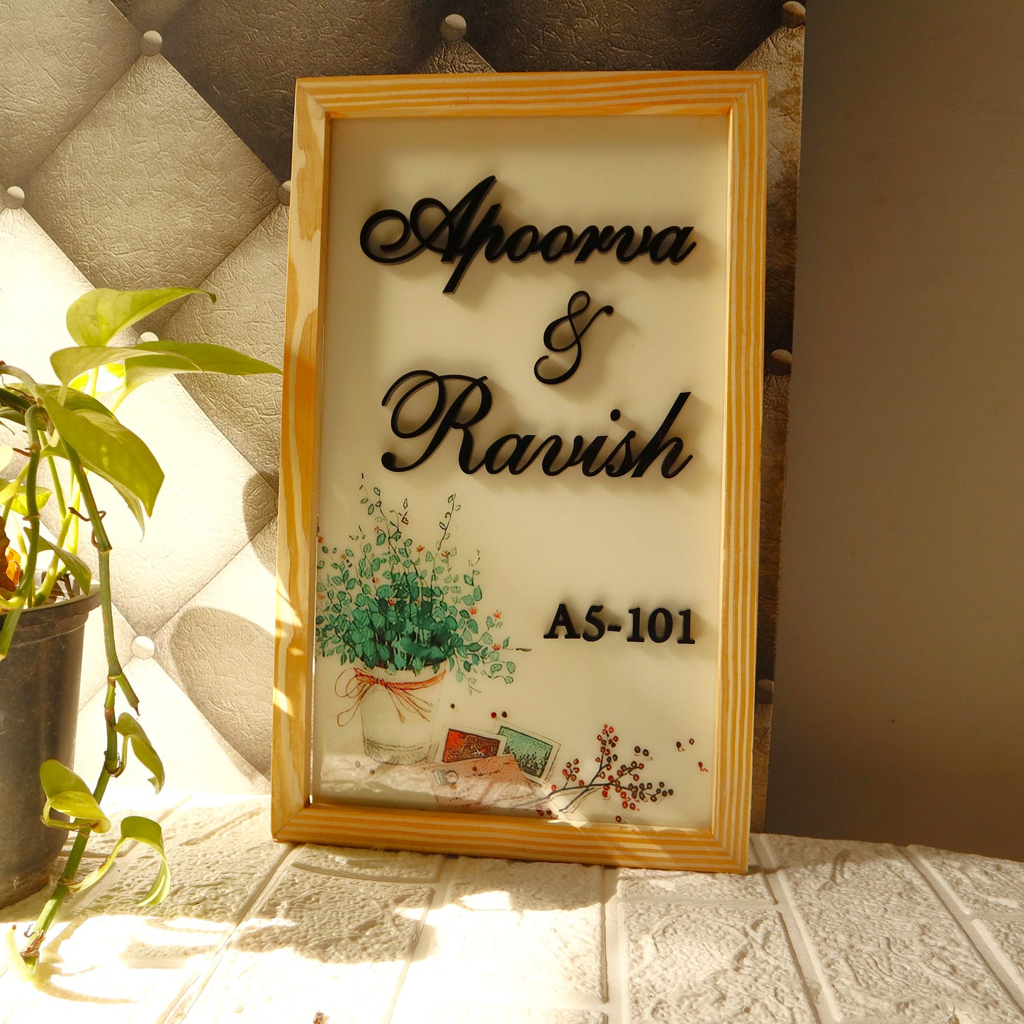 Printed Floral Resin Nameplate with 3D Black Acrylic Font & Wooden Frame | Personalized Couple Home Board | Handcrafted by Kraftorio