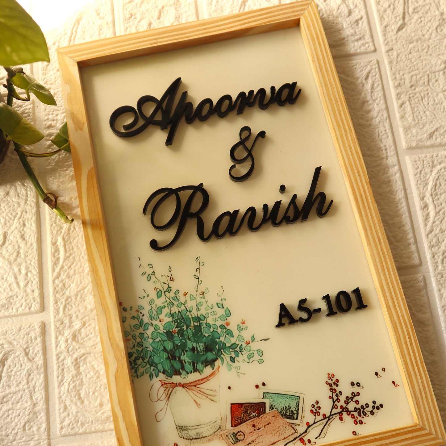 Printed Floral Resin Nameplate with 3D Black Acrylic Font & Wooden Frame | Personalized Couple Home Board | Handcrafted by Kraftorio
