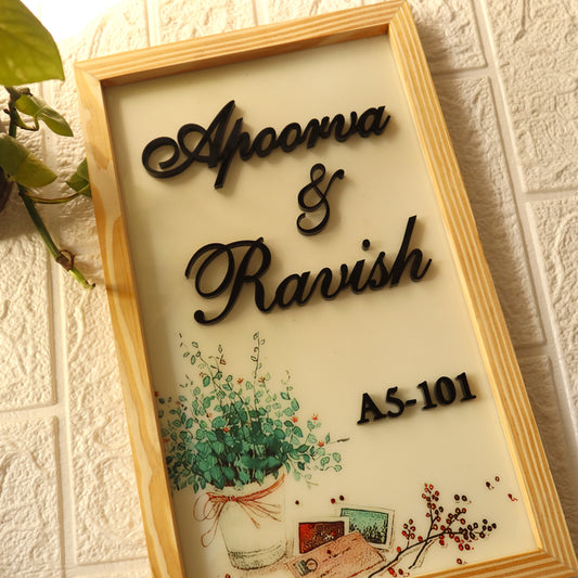 Printed Floral Resin Nameplate with 3D Black Acrylic Font & Wooden Frame | Personalized Couple Home Board | Handcrafted by Kraftorio