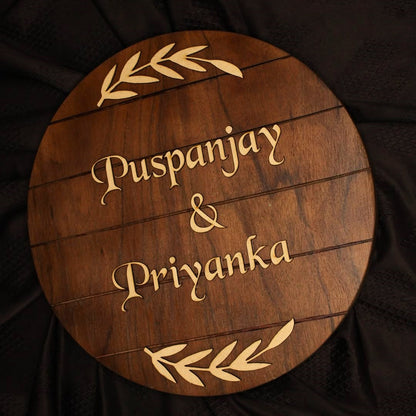 Rustic Wooden Round Nameplate | Laser-Cut Letters | Custom Couple Name Board | Wooden Home Entrance Décor
