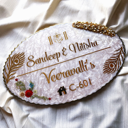 Luxury Oval Resin Nameplate with Golden Acrylic Font & Floral Design | Custom Home Name Board | Couple & Family Personalized Sign
