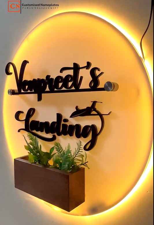 GlowBloom Round LED Nameplate with Planter – Custom Entrance Decor Board