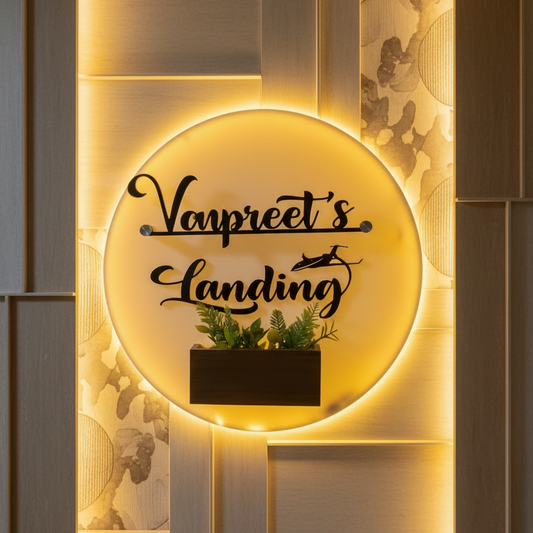 GlowBloom Round LED Nameplate with Planter – Custom Entrance Decor Board