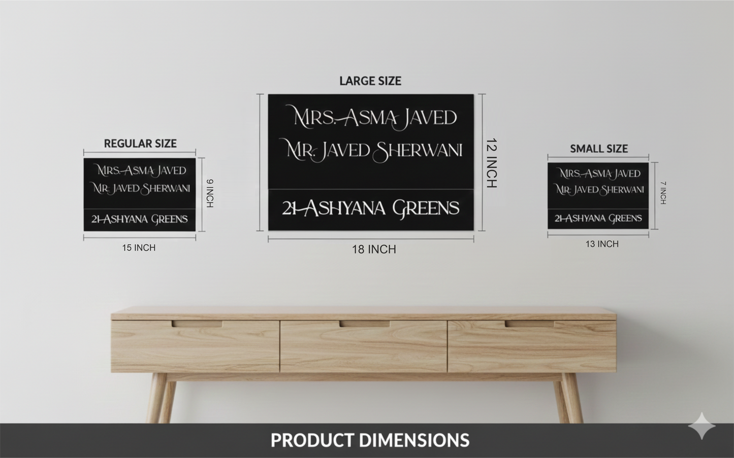 Black wooden nameplate with white acrylic letters for indoor use