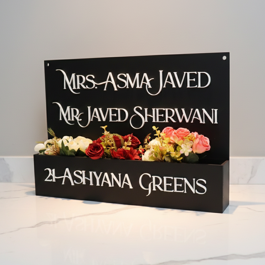 Custom wooden nameplate with black base and white acrylic letters for indoor flat