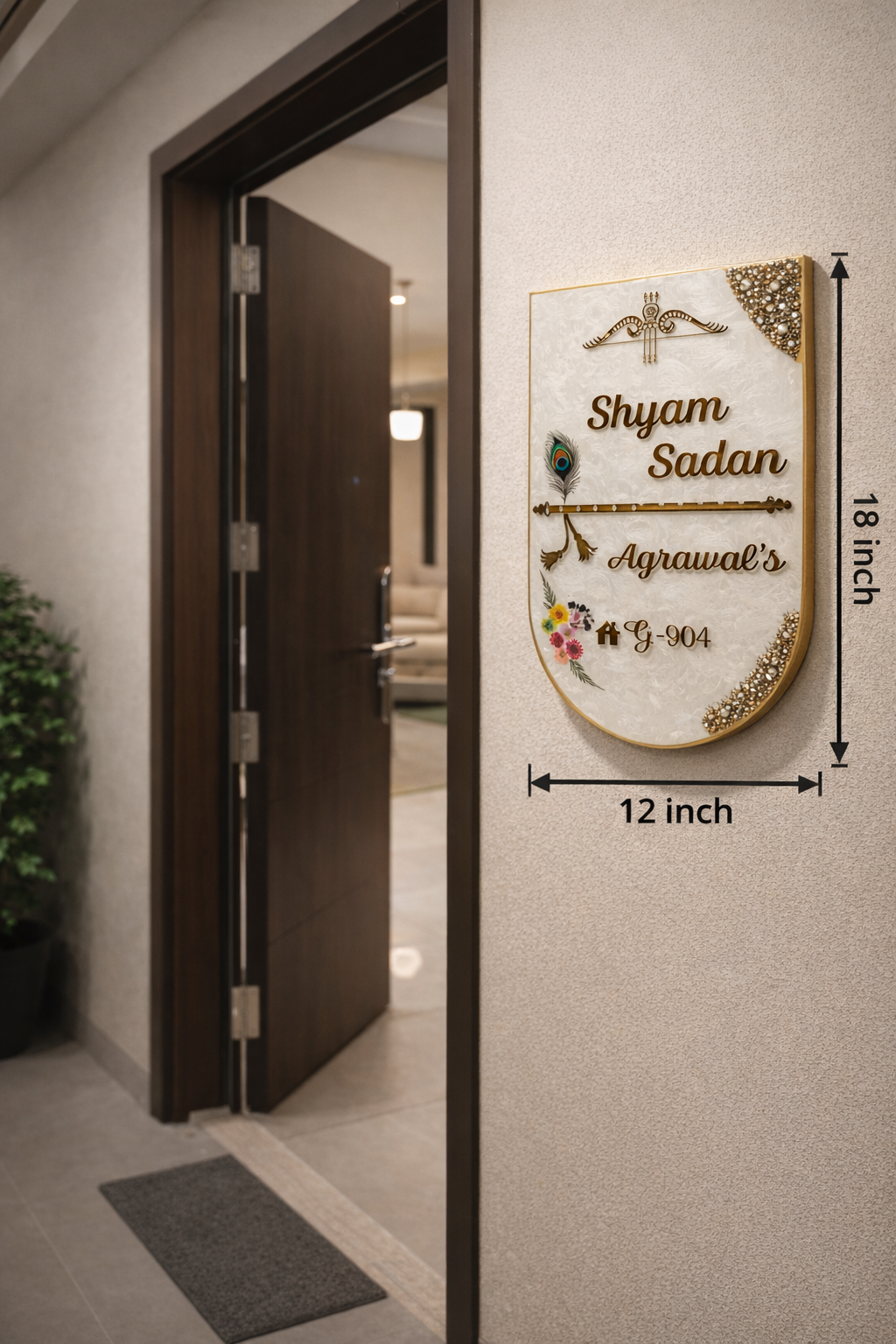 “Customised resin nameplate installed at modern flat entrance with elegant gold detailing”