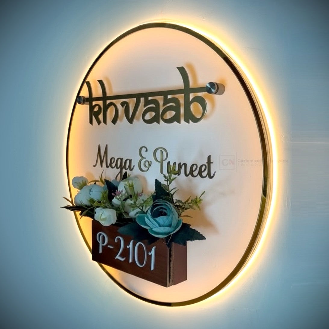 Premium Backlit Round Nameplate with Brass Finish Metal Fonts | Customized LED Acrylic House Plate with Floral Box | Modern Home Entrance Sign