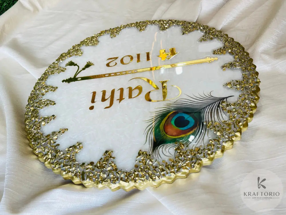 Divine Radha Krishna Theme Resin Nameplate | Exquisite White and Gold Customizable Name Plate with Peacock Feather and